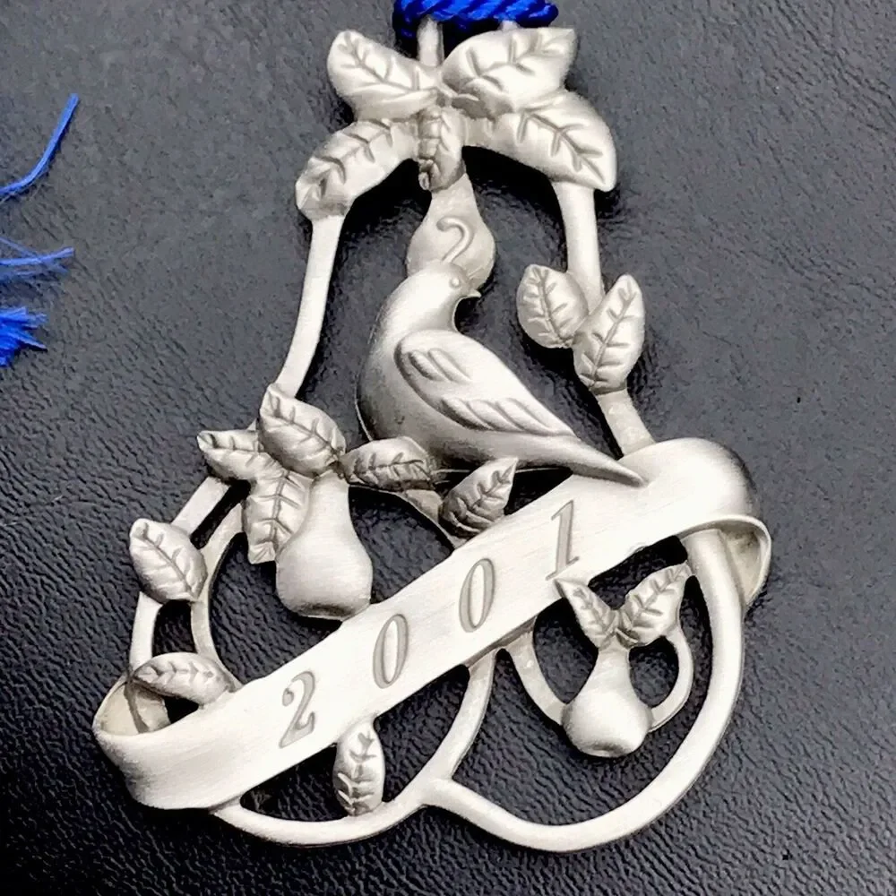 AVON Silver Blue Partridge Pear Tree Ornament 2001 Commemorative Collectible
